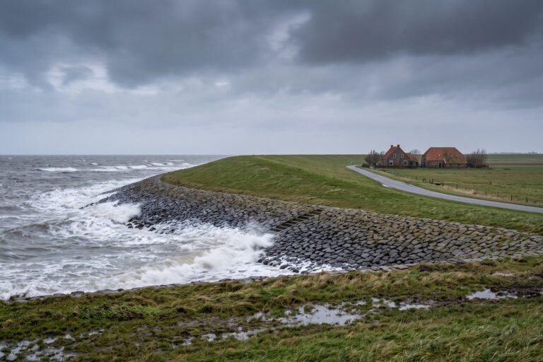 Hoge golven slaan op een grijze winterochtend tegen een Zeeuwse zeedijk met daarachter een polder met boerderijen