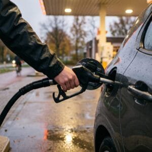 Hand houdt een vulpistool in de tankopening van een grijze auto bij een tankstation in de schemering