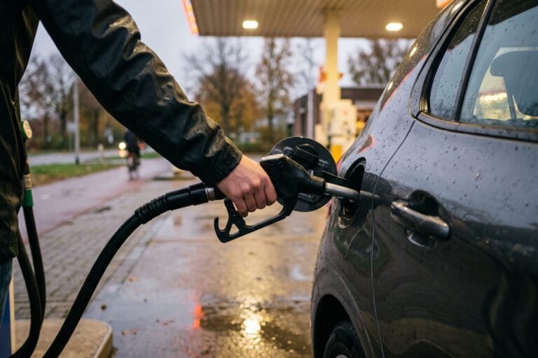 Hand houdt een vulpistool in de tankopening van een grijze auto bij een tankstation in de schemering