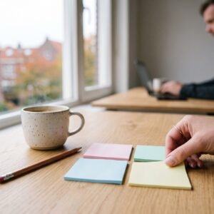 Hand legt het vierde gekleurde memobriefje in een vierkant van vier op een houten bureau