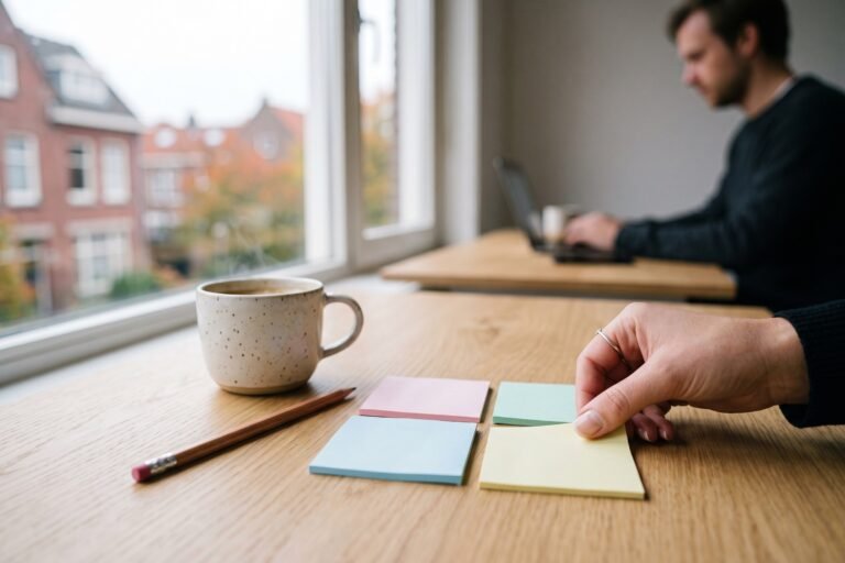 Hand legt het vierde gekleurde memobriefje in een vierkant van vier op een houten bureau