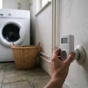 Hand steekt een tussenstekker met energiemeter in het stopcontact naast een wasmachine