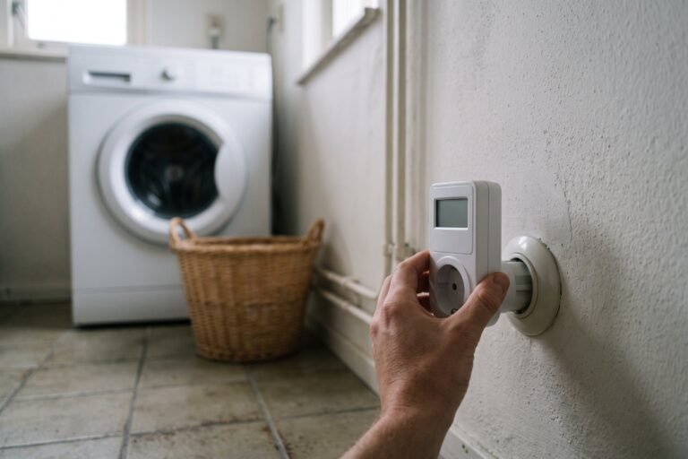 Hand steekt een tussenstekker met energiemeter in het stopcontact naast een wasmachine