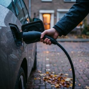 Hand steekt een laadstekker in de laadpoort van een elektrische auto op straat voor een rijtjeshuis in de herfst
