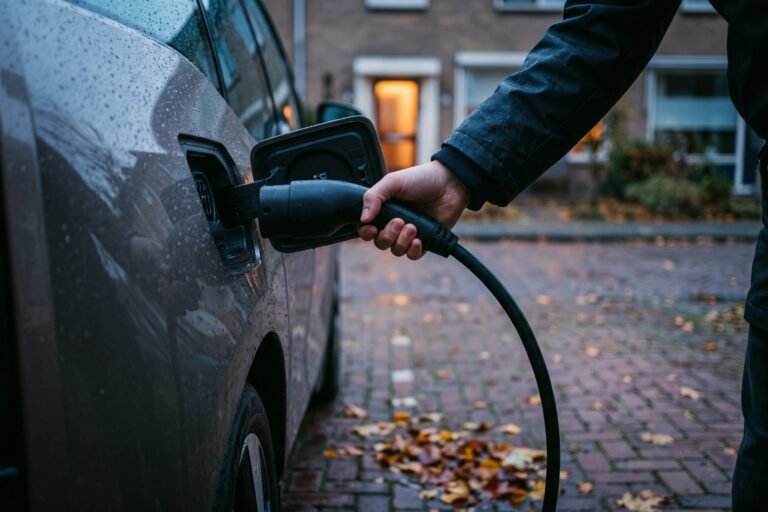 Hand steekt een laadstekker in de laadpoort van een elektrische auto op straat voor een rijtjeshuis in de herfst