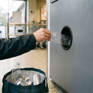 Hand stopt een lege plastic fles zonder etiket in de opening van een inleverautomaat in een supermarkt