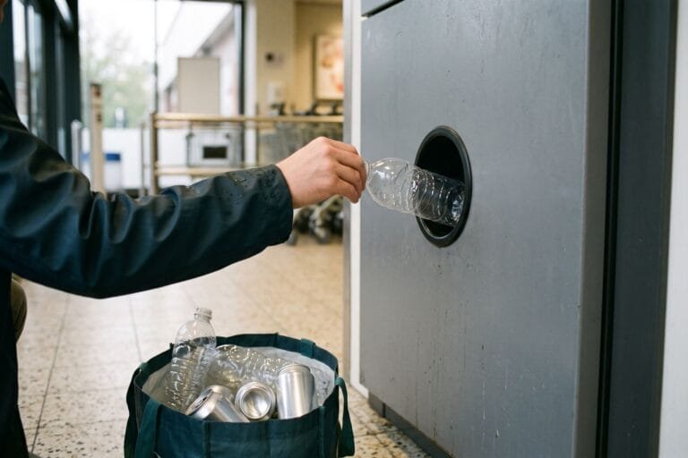 Hand stopt een lege plastic fles zonder etiket in de opening van een inleverautomaat in een supermarkt