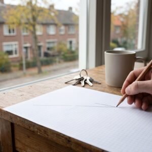 Hand tekent met potlood een vlakke en een dalende lijn op ruitjespapier naast huissleutels bij een raam