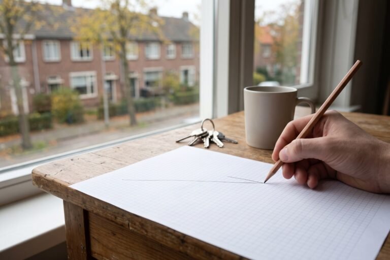 Hand tekent met potlood een vlakke en een dalende lijn op ruitjespapier naast huissleutels bij een raam