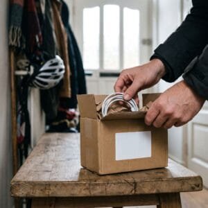 Twee handen openen een klein kartonnen pakje met een oplaadkabel op een bankje in de gang