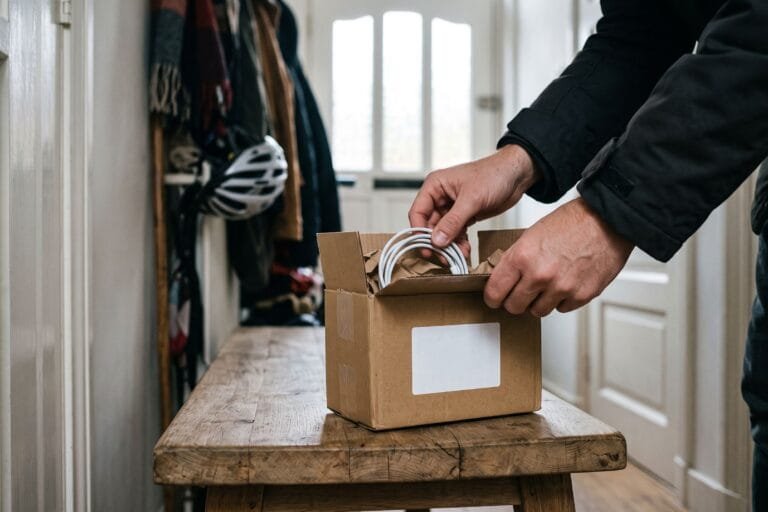Twee handen openen een klein kartonnen pakje met een oplaadkabel op een bankje in de gang
