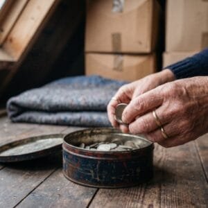 Handen van een vrouw sorteren oude munten uit een blikken koektrommel op een houten zoldervloer