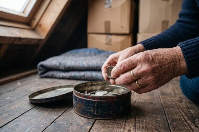 Handen van een vrouw sorteren oude munten uit een blikken koektrommel op een houten zoldervloer