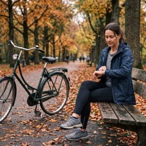 Vrouw zit op een bankje in een herfstig park en voelt met twee vingers haar hartslag aan haar pols