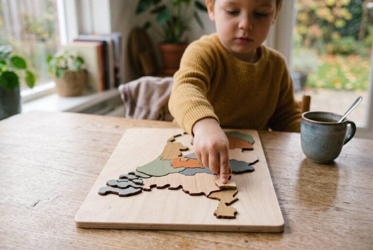 Kind legt een stukje in een houten puzzel van de kaart van Nederland met gekleurde provincies