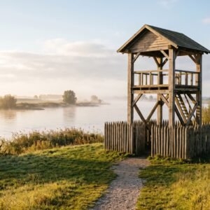 Nagebouwde houten wachttoren op een grasoever langs een brede rivier met riet in het ochtendlicht