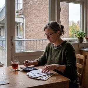 Vrouw zit aan de keukentafel van een flatwoning met een rekenmachine en een stapel post voor zich
