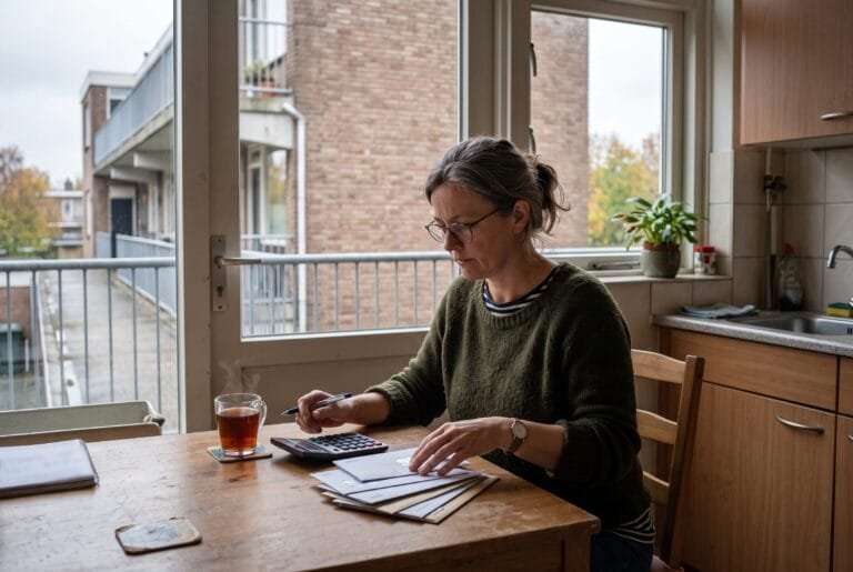 Vrouw zit aan de keukentafel van een flatwoning met een rekenmachine en een stapel post voor zich
