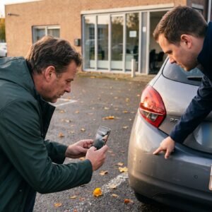 Huurder fotografeert een kras op de achterbumper van een huurauto terwijl een medewerker van de verhuurder meekijkt