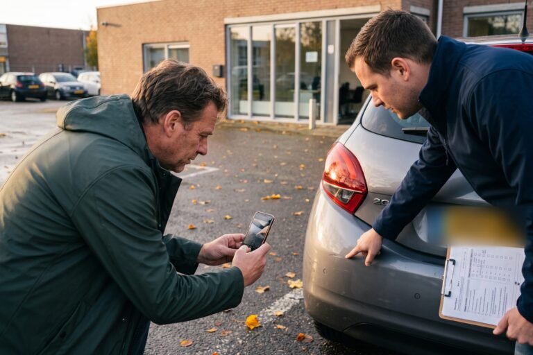 Huurder fotografeert een kras op de achterbumper van een huurauto terwijl een medewerker van de verhuurder meekijkt