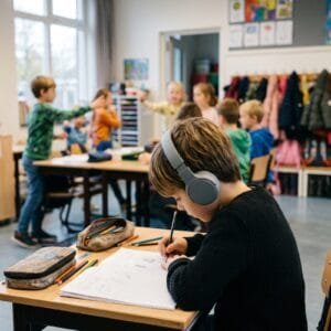 Jongen met koptelefoon werkt van opzij gezien aan zijn tafel terwijl klasgenoten om hem heen druk bezig zijn