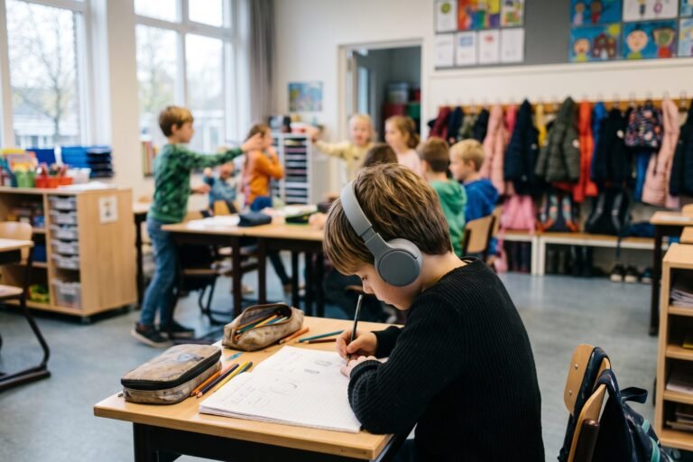 Jongen met koptelefoon werkt van opzij gezien aan zijn tafel terwijl klasgenoten om hem heen druk bezig zijn