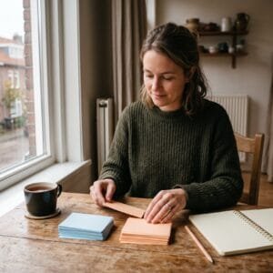 Vrouw sorteert aan de keukentafel blanco kaartjes in twee kleuren naast een opengeslagen schrift