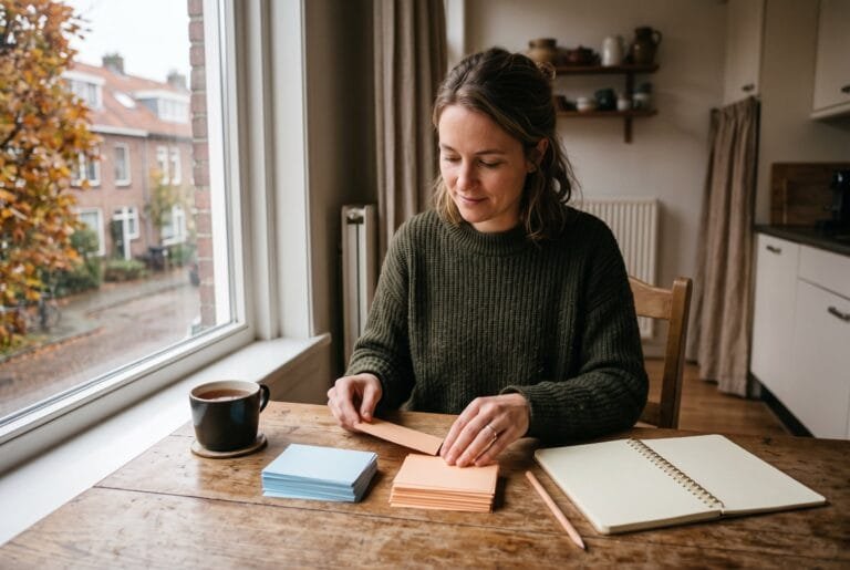 Vrouw sorteert aan de keukentafel blanco kaartjes in twee kleuren naast een opengeslagen schrift
