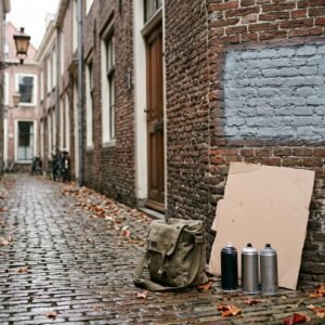 Vel karton en drie spuitbussen zonder etiket naast een canvas tas tegen een bakstenen muur in een herfstige steeg
