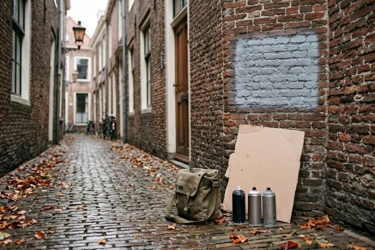 Vel karton en drie spuitbussen zonder etiket naast een canvas tas tegen een bakstenen muur in een herfstige steeg