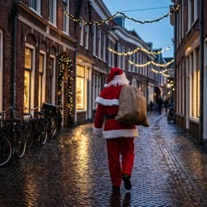 Man in rood kerstmanpak loopt op de rug gezien met een zak door een Nederlandse winkelstraat bij schemer