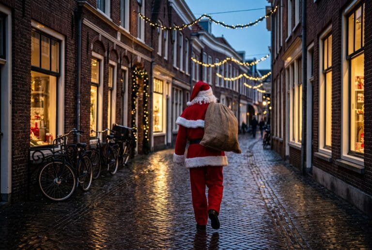 Man in rood kerstmanpak loopt op de rug gezien met een zak door een Nederlandse winkelstraat bij schemer
