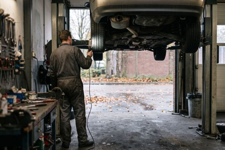 Monteur in overall schijnt met een looplamp onder een auto op een hefbrug in een kleine garage