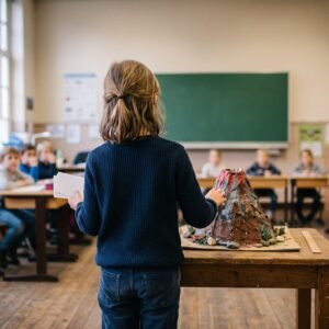 Kind staat met spiekbriefjes voor de klas naast een zelfgemaakte vulkaan van papier-maché