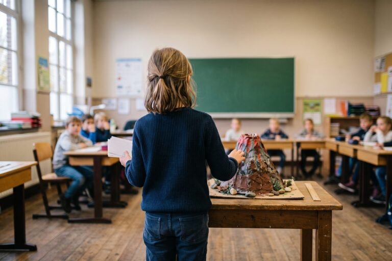 Kind staat met spiekbriefjes voor de klas naast een zelfgemaakte vulkaan van papier-maché