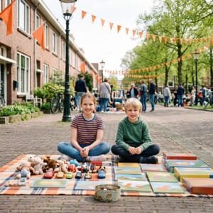 Twee kinderen zitten op een kleedje met tweedehands speelgoed midden in een straat met oranje vlaggetjes
