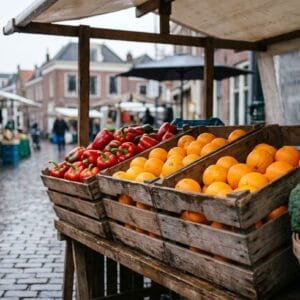 Kistjes sinaasappels en rode paprika naast elkaar op een kraam van een Nederlandse weekmarkt