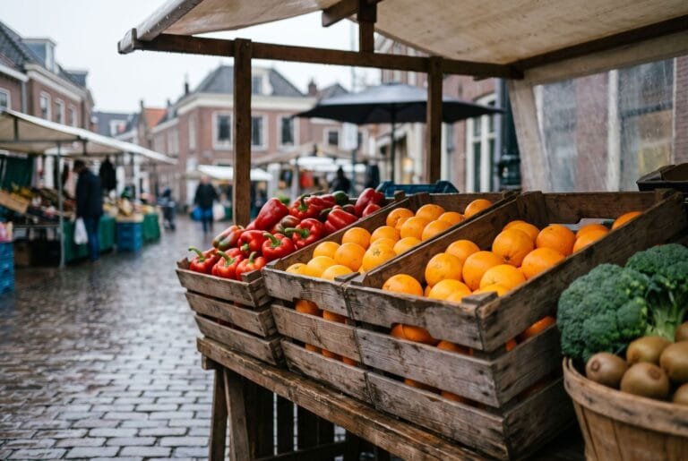 Kistjes sinaasappels en rode paprika naast elkaar op een kraam van een Nederlandse weekmarkt