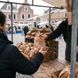 Klant krijgt een papieren zak met brood aangereikt bij een broodkraam op een Nederlandse weekmarkt