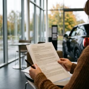 Vrouw leest in een autoshowroom een contract door met een pen in de hand en een nieuwe auto onscherp op de achtergrond