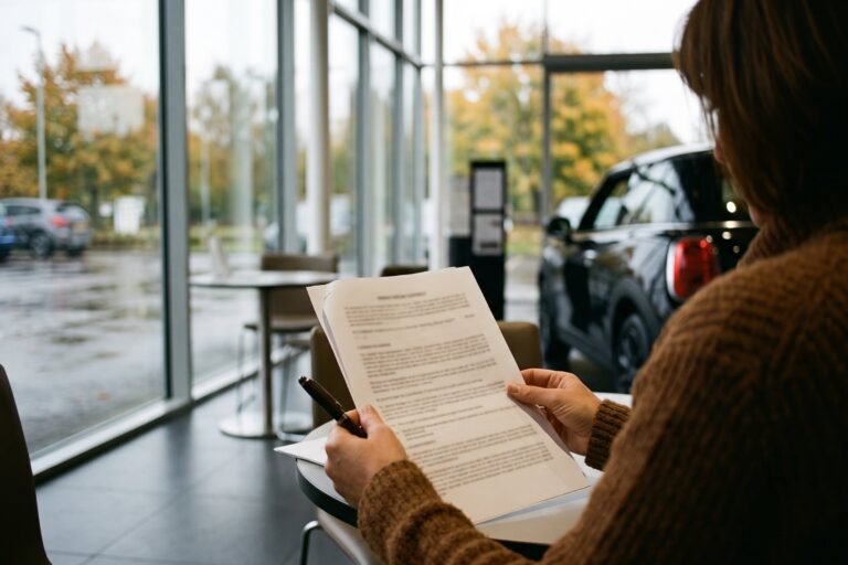 Vrouw leest in een autoshowroom een contract door met een pen in de hand en een nieuwe auto onscherp op de achtergrond