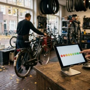 Hand van een klant tikt op een tablet met een rij gekleurde rondjes op de toonbank van een fietsenwinkel in de herfst