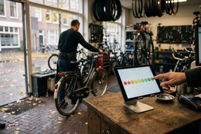 Hand van een klant tikt op een tablet met een rij gekleurde rondjes op de toonbank van een fietsenwinkel in de herfst
