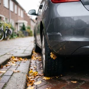 Kras op de achterbumper van een geparkeerde auto in een woonstraat met natte herfstbladeren op de klinkers
