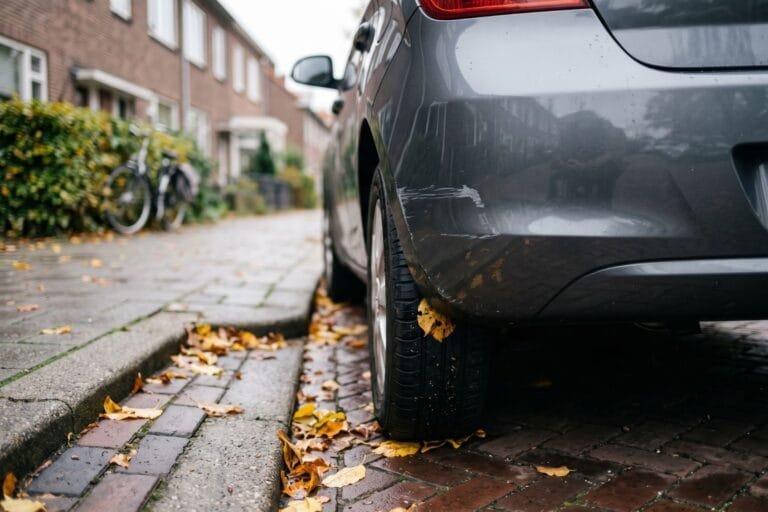 Kras op de achterbumper van een geparkeerde auto in een woonstraat met natte herfstbladeren op de klinkers