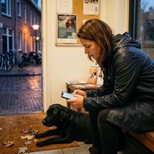 Vrouw met zwarte labrador wacht op een herfstavond in de wachtkamer van een dierenarts en kijkt op haar telefoon