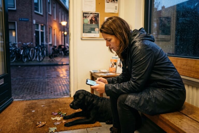 Vrouw met zwarte labrador wacht op een herfstavond in de wachtkamer van een dierenarts en kijkt op haar telefoon