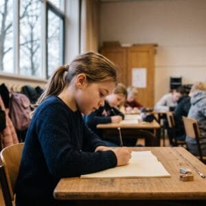 Leerling van groep 8 schrijft met potlood in een toetsboekje aan haar tafel in een klaslokaal op een grijze winterochtend