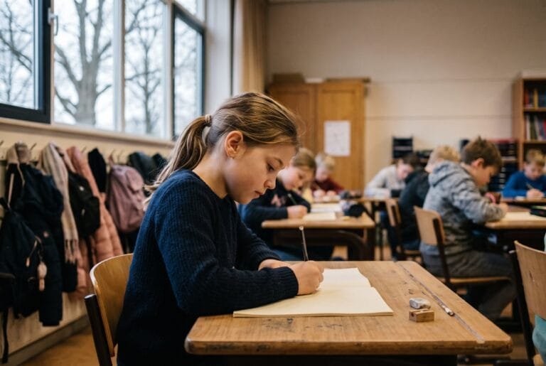 Leerling van groep 8 schrijft met potlood in een toetsboekje aan haar tafel in een klaslokaal op een grijze winterochtend