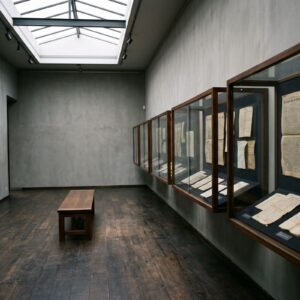 Lege museumzaal met glazen vitrines vol vergeelde kranten en documenten in zacht daglicht